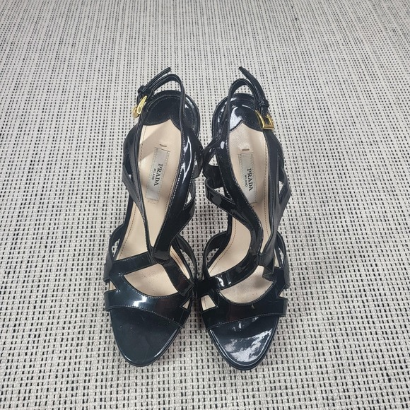Prada Shoes - Prada Sandals Womens Size 8 Black Patent Leather Strappy Stiletto Heel Italy